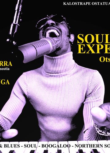 Kalostrape Ostatua Jatetxea, Baiona, Euskal Herria. Bar et restaurant au coeur du Petit Bayonne, ouvert du mardi au samedi. Affiche de la soirée Soul Expérience, format rectangle paysage, avec un chanteur et pianiste noir au centre. Invité de la soirée Imanol Basterra
