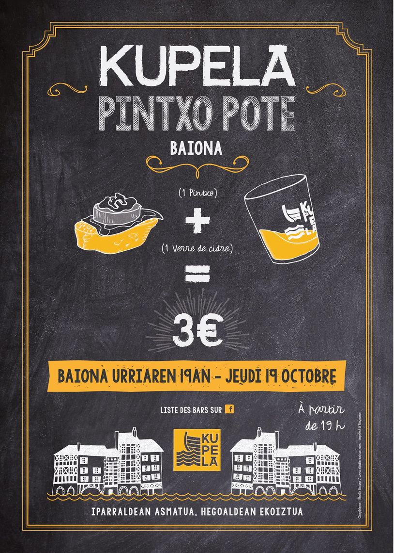 Kalostrape Ostatua Jatetxea, Baiona, Euskal Herria. Bar et restaurant situé rue Marengo à Bayonne. Lieu incontournable de la culture basque à Bayonne, implanté dans l'ancien cloitre des Visitandines. Bar à tapas et à cocktails. Concerts, soirées et expositions. Affiche du Pintxo Pote organisé par les producteurs de cidre basque Kupela, Kupela Sagarnoa.
