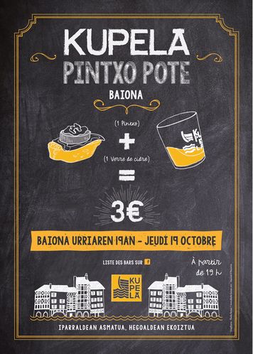 Kalostrape Ostatua Jatetxea, Baiona, Euskal Herria. Bar et restaurant situé rue Marengo à Bayonne. Lieu incontournable de la culture basque à Bayonne, implanté dans l'ancien cloitre des Visitandines. Bar à tapas et à cocktails. Concerts, soirées et expositions. Affiche du Pintxo Pote organisé par les producteurs de cidre basque Kupela, Kupela Sagarnoa.