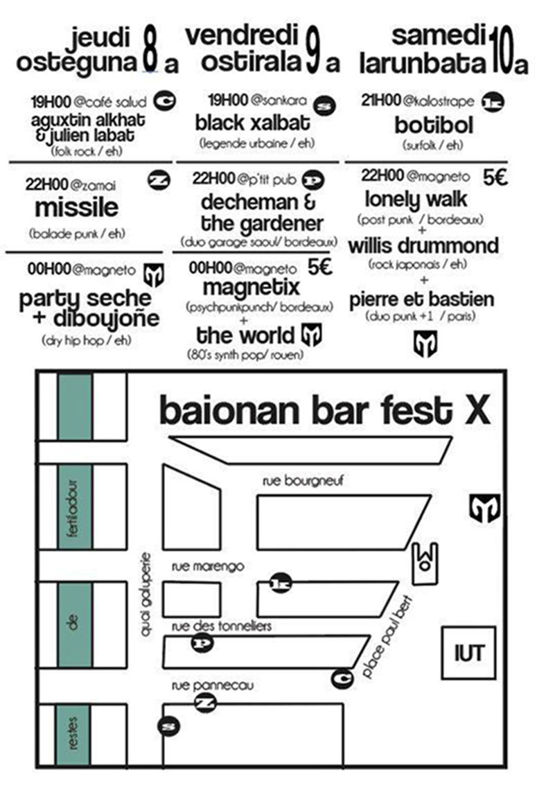 Kalostrape Ostatua, jatetxea, Baiona, Euskal Herria. Bar et restaurant situé au coeur du Petit Bayonne. Partenaire du festival Baionan Bar Fest organisé par la Souche Rock. Plan et programmation du festival du 8 au 10 février 2018, à Bayonne