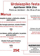 Kalostrape Ostatua eta Jatetxea, Baiona, Euskal Herria. Bar et restaurant incontournable du Petit Bayonne. Affiche du menu de la Foire aux Jambons 2019, du jeudi 18 avril au dimanche 21 avril 2019, à Bayonne.