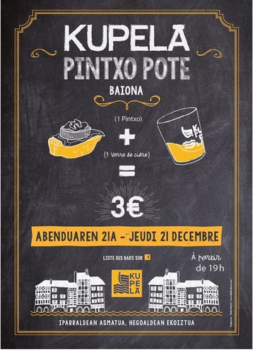 Kalostrape Ostatua Jatetxea, Baiona, Euskal Herria. Bar et Restaurant, à Bayonne. Pintxo Pote organisé par Kupela Sargarno le jeudi 21 décembre à partie de 19h