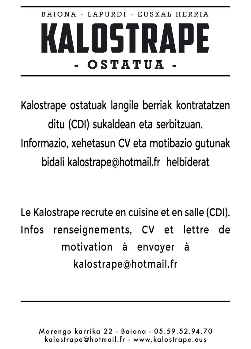 Kalostrape Ostatua, Jatetxea, Baiona, Euskal Herria. Lan eskaintza. Bar et restaurant incontournable du Petit Bayonne. Offre d'emploi.