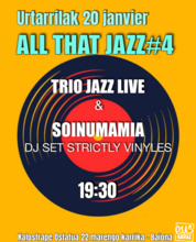 Kalostrape Ostatua eta Jatetxea, Baiona. Restaurant traditionnel et bar atypique du Petit Bayonne, le quartier historique de Bayonne. Situé au 22 rue Marengo dans l'ancien cloître des Visitandines. Affiche de la soirée Jazz du 20 janvier 2024, avec le Trio Jazz Live et un dj set avec Soinumamia