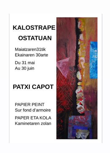 Kalostrape Ostatua eta Jatetxea, Euskal Herria, Baiona. Bar et restaurant atypique du Petit Bayonne, situé au 22 rue Marengo dans l'ancien cloître des Visitandines. Affiche de l'exposition du mois de juin 2022 avec l'artiste colleur Patxi Capot