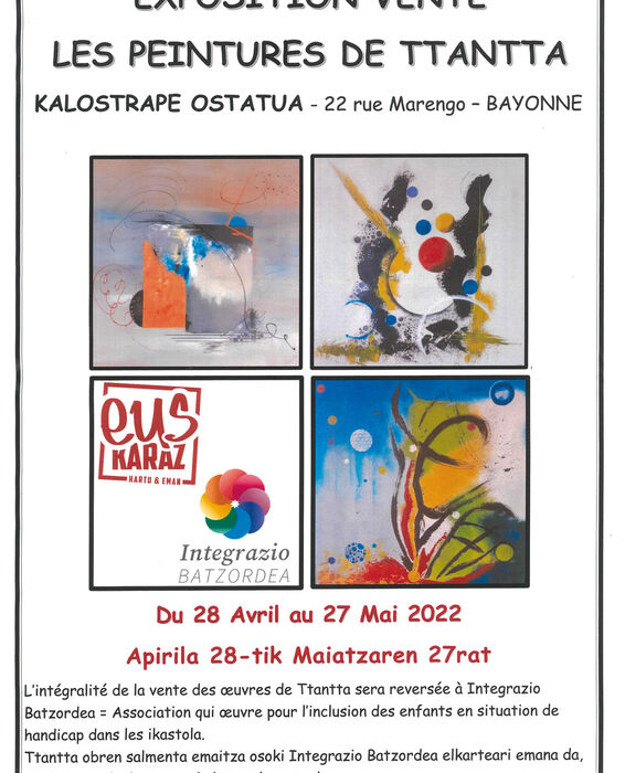 Kalostrape Ostatua eta Jatetxea, Baiona. Restaurant et bar incontournable du Petit Bayonne. Affiche de l'exposition du mois de mai 2022 avec l'association Integrazio Batzordea
