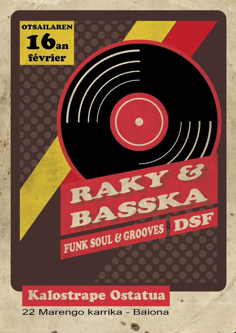 Kalostrape Ostatua eta Jatetxea, Baiona, Euskal Herria. Bar et restaurant incontournable du coeur historique du Petit Bayonne. Bar à pintxos et bar à concert. Affiche de la soirée Mix des djs Raky et Bass-ka le 16 février 2019