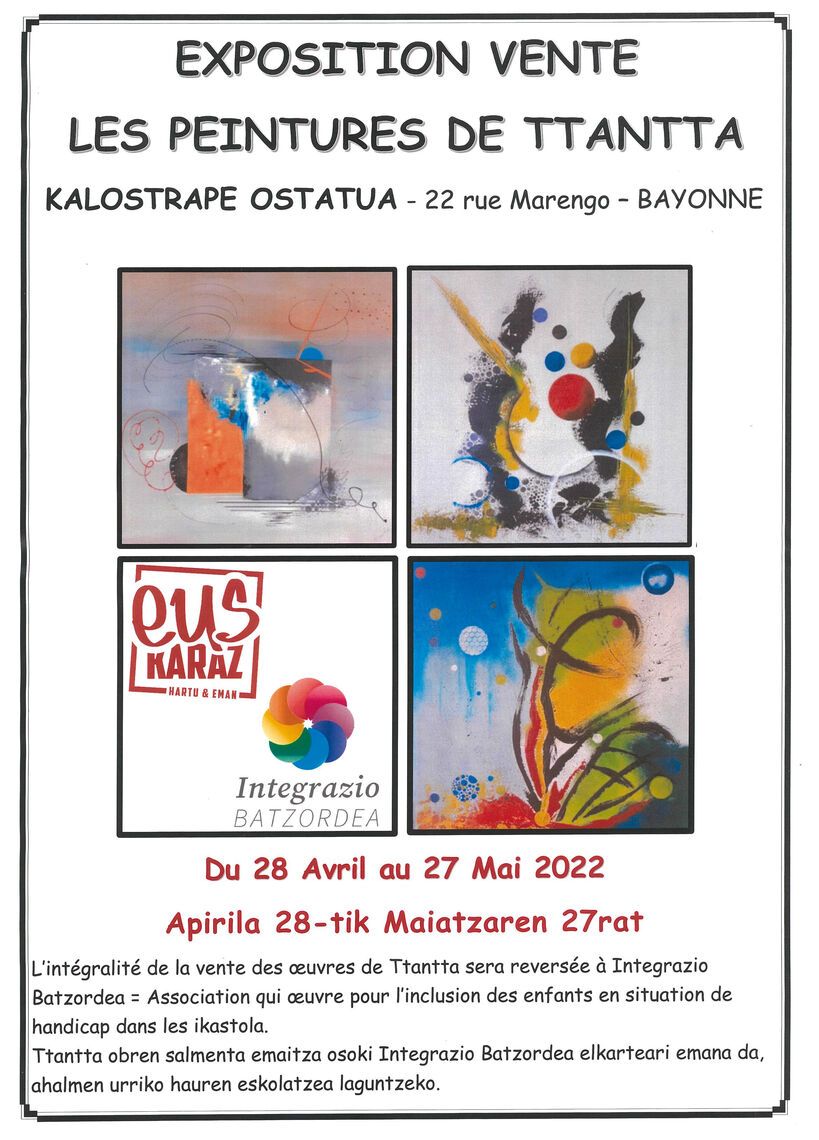 Kalostrape Ostatua eta jatetxea, Baiona, Euskal Herria. Bar et restaurant incontournable du Petit Bayonne, situé au 22 rue Marengo, dans l'ancien cloître des Visitandines. Affiche de l'exposition du mois de mai 2022, avec l'association Integrazio Batzordea.