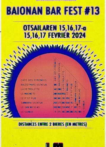 Kalostrape Ostatua eta Jatetxea, Baiona. Bar et restaurant traditionnel situé au 22 rue Marengo à Bayonne. Affiche générale du festival Baionan Bar Fest le 15, 16 et 17 février 2024