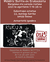 Kalostrape Ostatua eta jatetxea, Baiona. Restaurant traditionnel et bar atypique du quartier historique de Bayonne. Affiche de l'exposition du mois d'août 2021 avec l'artiste graveur Médéric Bottin.
