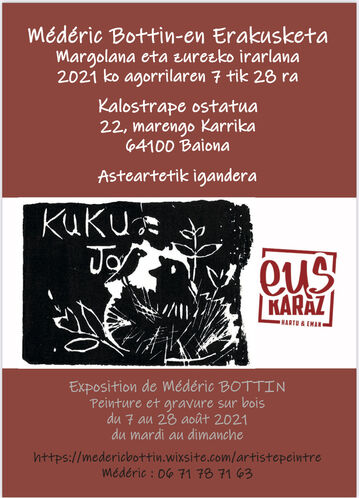 Kalostrape Ostatua eta jatetxea, Baiona. Restaurant traditionnel et bar atypique du quartier historique de Bayonne. Situé au 22 rue Marengo dans l'ancien cloître des Visitandines. Bar à tapas et à concert, nous accueillons chaque mois une nouvelle exposition. Affiche de l'exposition du mois de août 2021 avec l'artiste graveur Médéric Bottin.