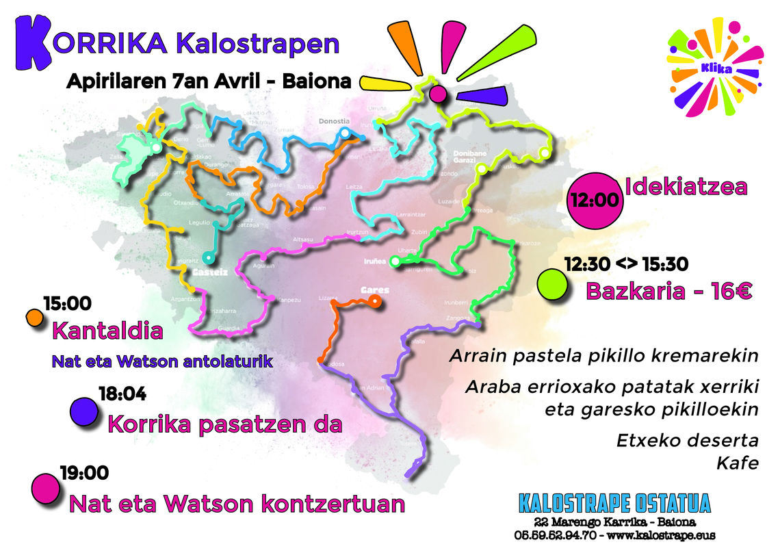 Kalostrape Ostatua, eta Jatetxea, Baiona, Euskal Herria. Apirilaren 7an igandea, Korrika pasatuko da Baionan. Le dimanche 7 avril, passage de la Korrika, course relais en faveur de la langue basque. programme, menu et animations de la journée du 7 avril à Bayonne, au 22 rue Marengo