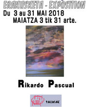 Kalostrape Ostatua, Baiona, Euskal Herria. Bar et restaurant incontournable du Petit Bayonne. Situé au coeur de l'ancien cloître des Visitandines. Affiche de l'exposition du mois de mai 2018 avec le collectif d'artistes Ur Taldea et l'exposition personnelle de Rikardo Pascual
