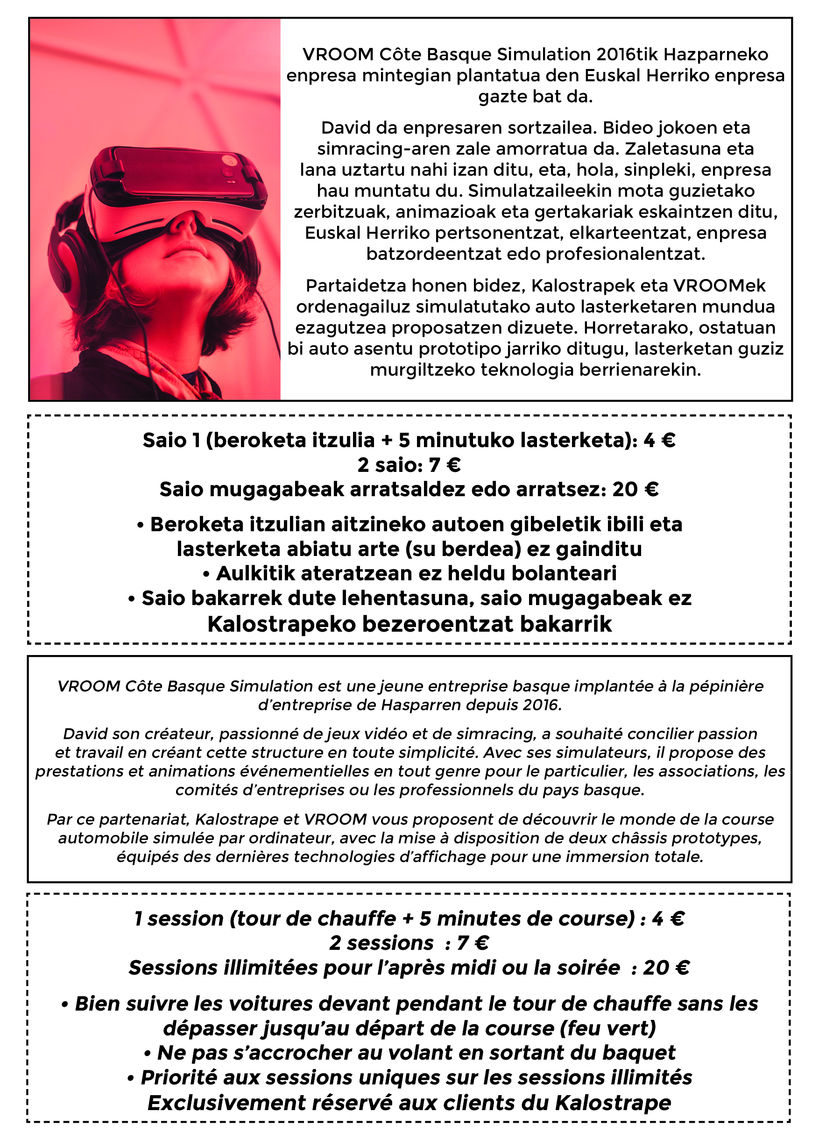Kalostrape Ostatua, Bar et Restaurant incontournable situé au coeur du Petit Bayonne. Bar à tapas et à cocktails, vous accueille du mardi au samedi. Situé dans l'ancien cloître des Visitandines, au 22 rue Marengo. En partenariat avec Vroom 64, mise à disposition de simulateurs en réalité virtuelle et triple écran.
