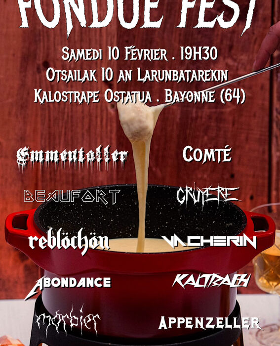 Kalostrape Ostatua eta Jatetxea, Baiona. Bar et restaurant traditionnel du Petit Bayonne. Situé au 22 rue Marengo dans le quartier historique de Bayonne. Affiche de la soirée Fondue Fest du samedi 10 février