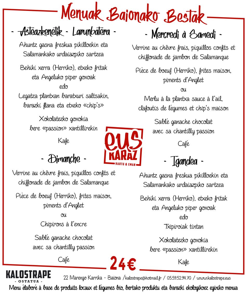 Kalostrape Ostatua, Jatetxea, Baiona, Euskal Herria. Menua Baionako Bestak. Bar et restaurant incontournable du Petit Bayonne. Affiche du menu des Fêtes de Bayonne 2018.