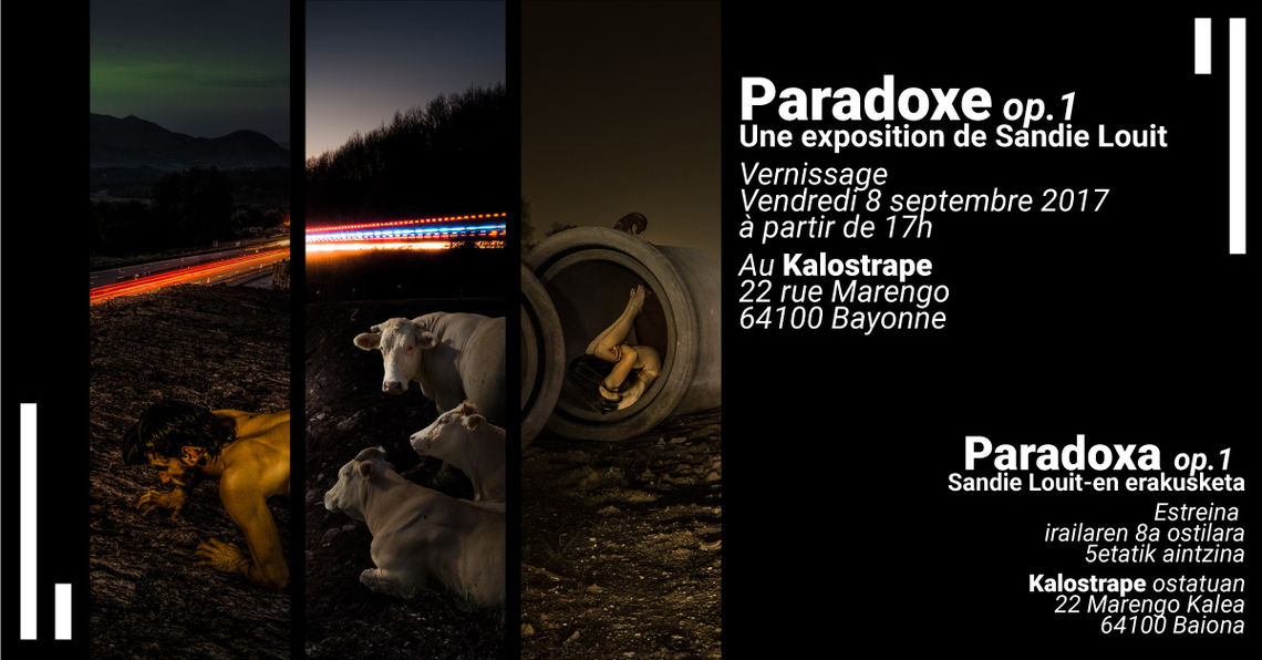 Kalostrape Ostatua Jatetxea, Baiona, Euskal Herria. Bar et restaurant situé au coeur du Petit Bayonne. Concerts, soirées et expositions. Carton d'invitation à l'exposition Paradox Op 1 de Sandie Louit. Exposition du mois de septembre 2017 sur l'élargissement de l'autoroute. Photographies et photomontage.