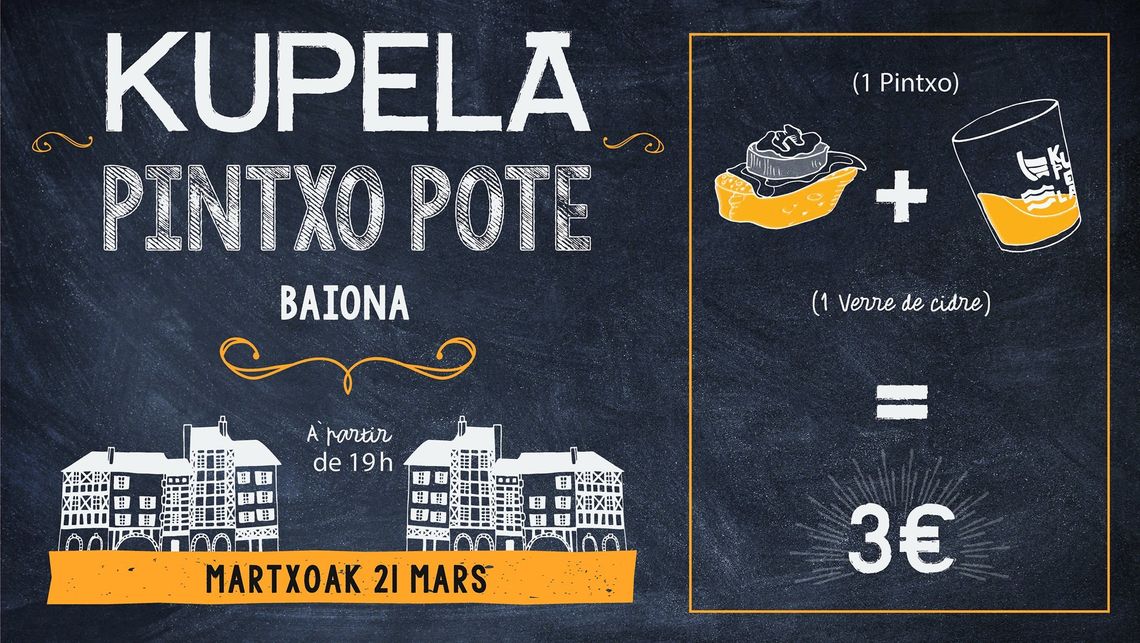 Kalostrape Ostatua eta Jatetxea. Kupela Pintxo Pote gaua, martxoak 21an osteguna. Bar et restaurant incontournable de Bayonne. Soirée Kupela Pintxo Pote le jeudi 21 mars à partir de 19h