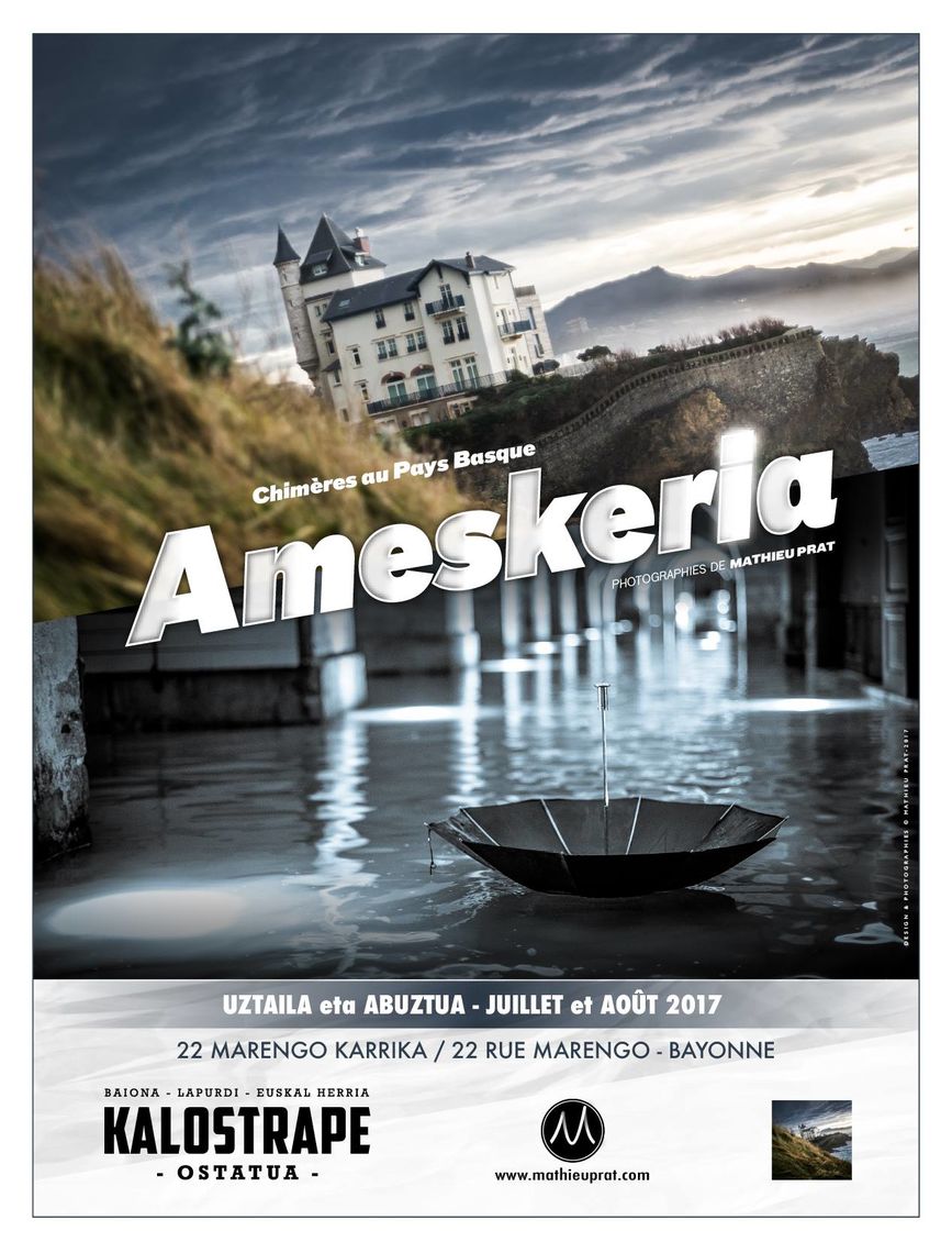 Kalostrape Ostatua Jatetxea, Euskla Herria, Baiona. Bar et restaurant de l'école de basque pour adultes AEK. Situé dans l'ancien cloitre des Visitandines, à Bayonne. Bar à tapas et à cocktails. Lieu incontournable des nuits Bayonnaises. Concerts, soirées et expositions. Affiche de l'exposition de Mathieu Prat, avec un photomontage de la Villa Beltza de Biarritz et des arcades du quai de Bayonne un soir d'inondation.