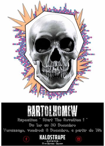 Kalostrape Ostatua Jatetxea - Baiona, Euskal Herria. Bar restaurant au coeur du Petit Bayonne. Concerts, soirées et expositions. Affiche en français de l'exposition du mois de décembre représentant au dessin une tête de mort.
