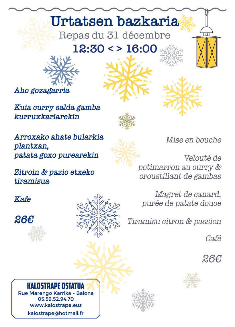 Kalostrape Ostatua eta Jatetxea, Baiona, Euskal Herria. Restaurant et bar incontournable du Petit Bayonne. Situé au 22 rue Marengo dans l'ancien cloître des Visitandines. Bar à tapas et restaurant traditionnel, nous sommes ouverts du mardi au samedi. Nous vous proposons un menu spécial Fêtes de Fin d'année, pour le 31 au déjeuner.