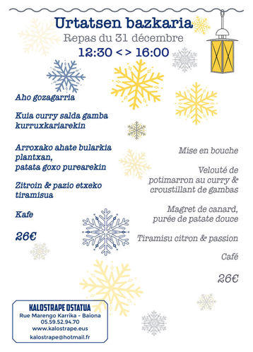 Kalostrape Ostatua eta Jatetxea, Baiona, Euskal Herria. Restaurant et bar incontournable du Petit Bayonne. Situé au 22 rue Marengo dans l'ancien cloître des Visitandines. Bar à tapas et restaurant traditionnel, nous sommes ouverts du mardi au samedi. Nous vous proposons un menu spécial Fêtes de Fin d'année, pour le 31 au déjeuner.